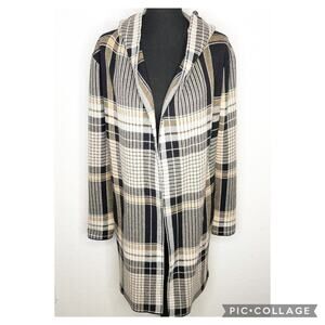 Frank Lyman Design black white tan plaid long open front hooded coat size Medium